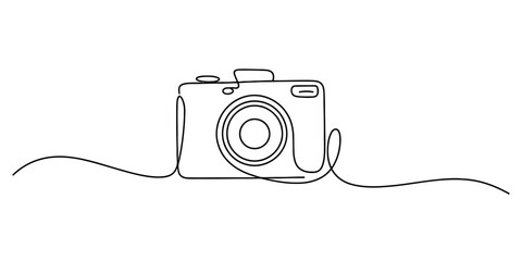 Continuous line art illustration of a minimalist camera, representing photography, visual creativity, and modern digital imaging concepts. Vector, illustration