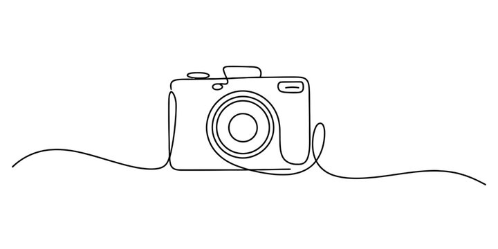 Continuous line art illustration of a minimalist camera, representing photography, visual creativity, and modern digital imaging concepts. Vector, illustration