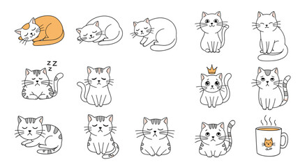 Obraz premium Large collection of cute and expressive cartoon cat doodles showing various emotions and poses, such as sleeping, sad, and happy.