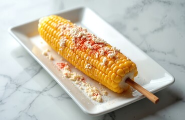 Elote photo. Mexican corn on a cob served on white plate. Yellow grilled corn with toppings on marble table. Delicious street food with chili powder and mayo.