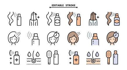 Refreshing Hair Wash color Icons Set. Editable stroke. Deep Scalp Cleansing and Hydration. Using dry shampoo signs. Woman health hair care symbols. Vector signs set for web design isolated on white ba