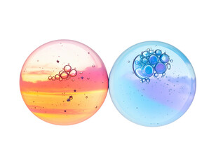 Two translucent spheres, one warm, the other cool-toned, with bubbly interiors on black