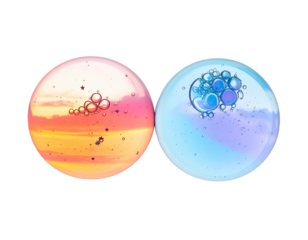Two translucent spheres, one warm, the other cool-toned, with bubbly interiors on black