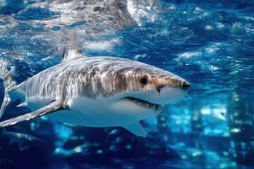 Fototapeta premium Great White Shark Swimming in Deep Blue Ocean