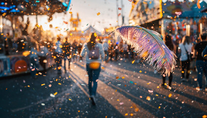 confetti falling during a festival or carnival in the city
