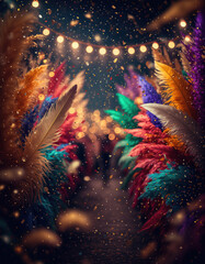 confetti falling during a festival or carnival in the city