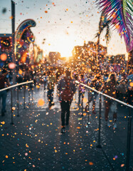 confetti falling during a festival or carnival in the city