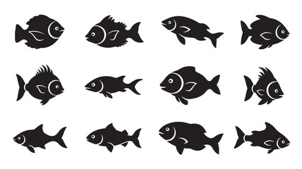 Naklejka premium Set of fish icons black silhouette vector illustration simple flat design elements for logo and graphic design isolated on white background