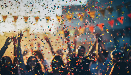 confetti falling during a festival or carnival in the city
