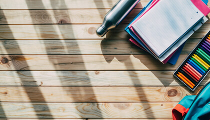 Copy space. School supplies set for back to school: notebook, pencils, watercolors, rulers, colored pencils. School supplies seen from above. Back to school