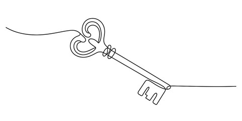 Continuous line drawing of an old vintage skeleton key with an ornate bow, symbolizing access, solution, secret, and unlocking potential Vector, illustration