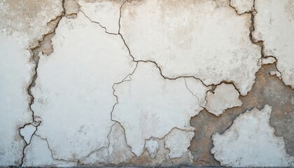 Obraz premium Cracked white paint on exterior concrete wall. Damaged surface with deep cracks and peeling paint. Old construction with moisture damage and stains.