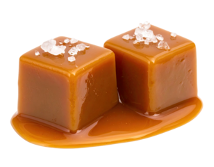 Two glistening salted caramel cubes with sea salt flakes and a puddle of caramel on a transparent background