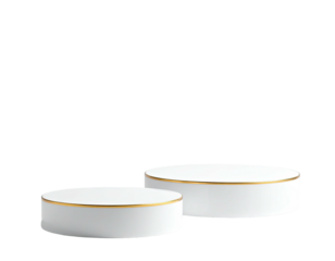 Elegant 3D rendering of two tiered white platforms with gold trim on a black background
