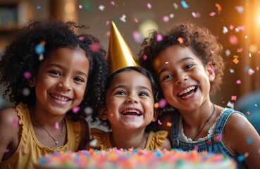 Three smiling multiracial girls celebrate birthday party with confetti falling. They wear party hats and look excited near a cake. Fun childhood event with friends and family together in happiness.