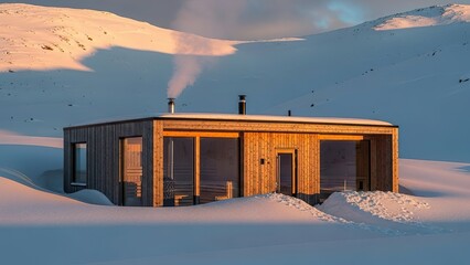 Rustic wooden cabin nestled in a serene, snowy landscape, with smoke rising from its chimney.