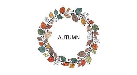 Naklejka premium Beautiful autumn wreath made from colorful fall leaves and berries, creating a circular frame with the word AUTUMN for seasonal greeting cards.