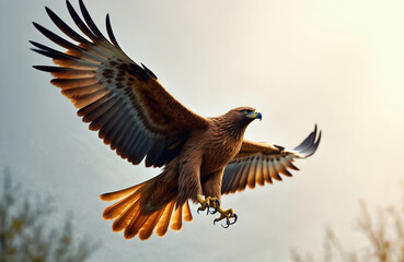 Obraz premium Majestic golden eagle soars through sky with outspread wings. Powerful bird of prey shows flight, nature, and wildlife. Eagle hunt, symbolizes freedom and natural power with blue beak and claws.
