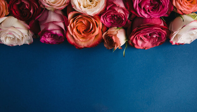 Flowers composition. Rose flowers on blue background. Valentines day, mothers day, womens day concept. Flat lay, top view, copy space