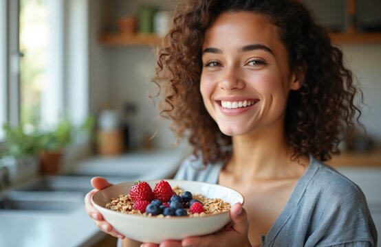 Young woman smiles holding bowl with granola, strawberries, blueberries for healthy breakfast. She enjoys nutritious meal at home in kitchen, promoting balanced lifestyle and good eating habits. - Powered by Adobe