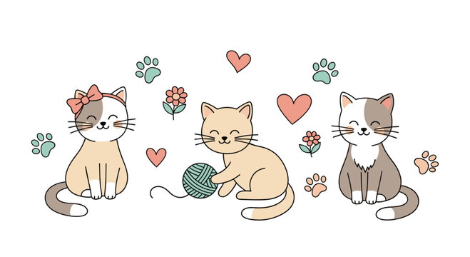 Group of three adorable cartoon cats surrounded by hearts, paw prints, and flowers, featuring one kitten playing with a ball of yarn for a cute design.