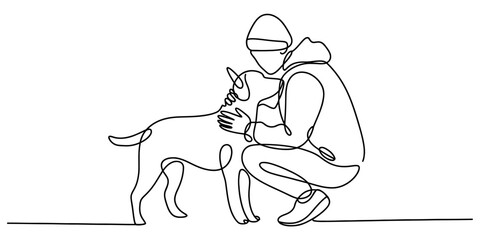 Continuous one line drawing of a person kneeling and petting a dog, representing the strong human-animal bond, companionship, and pet care. Vector, illustration