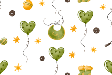 Newborn baby accesories green color gender neutral. Baby shower party backgroun. Print textile