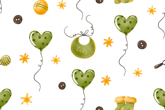 Newborn baby accesories green color gender neutral. Baby shower party backgroun. Print textile