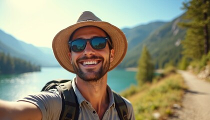 Naklejka premium Happy young man takes selfie on sunny summer day. Hiker smiles with backpack, hat, sunglasses. He enjoys mountain lake nature view while on vacation travel journey.