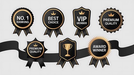 A collection of black and gold award badges with ribbons on a white background display design luxury label design, and refined decorative tag elements perfect for upscale branding, product packaging
