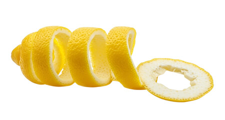 Yellow lemon peel spiral and slice on abstract background lemon zest citrus