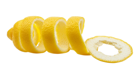 Yellow lemon peel spiral and slice on abstract background lemon zest citrus
