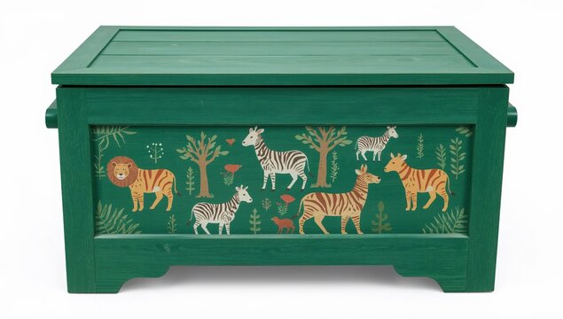 Green wooden animal toy chest for kids room decor with safari jungle theme storage box featuring lion zebra giraffe child bedroom furniture organizer