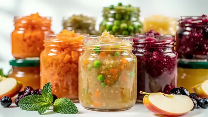 Freshly arranged jars filled with healthy foods, such as fruits, vegetables, whole grains, lean proteins, and nuts, create a warm and inviting collage on a wooden table, capturing the wholesome.