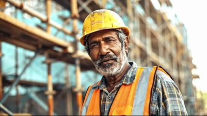 A senior construction worker with a gray beard wearing a yellow hard hat and orange safety vest smiling joyfully with closed eyes at a building site - Powered by Adobe