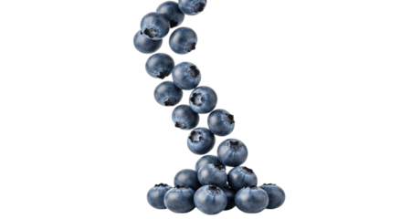 Pile of fresh blue blueberries falling and stacked on white background blueberry fruit
