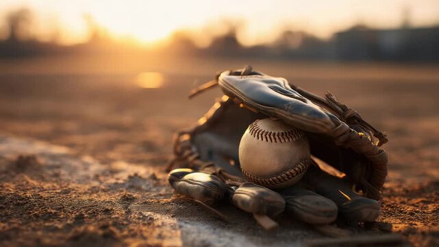 Baseball glove and ball resting on dirt field during sunset lighting up the sky