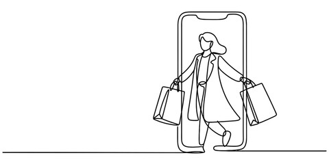 One continuous line drawing of a happy woman walking out from a smartphone holding multiple shopping bags, depicting online retail and delivery concept. Vector, illustration