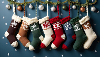 Festive Christmas stockings hanging with ornaments against a blue background