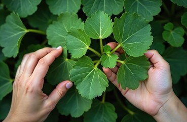 Close up photo shows woman hands touching fresh green gotu kola leaves. The healthy plant is also known as Centella asiatica. Herbal medicine concept in organic eco garden.