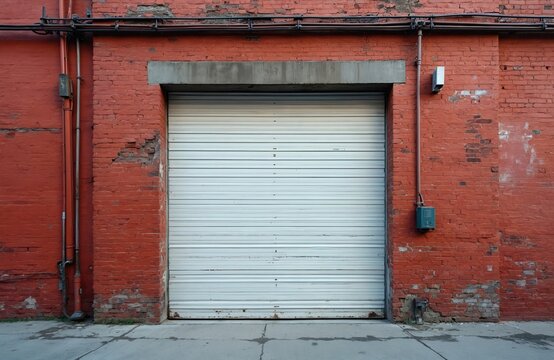 Red brick wall with metal garage door entrance. Industrial building facade shows aged brickwork. Street view outside old warehouse features weathered textures. Urban scene shows empty entrance ready