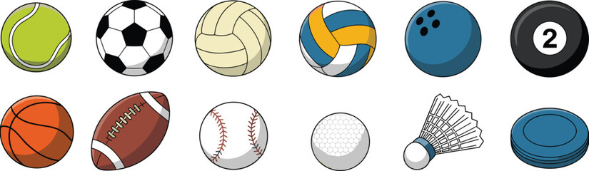 Cartoon sports equipment, ball icons, tennis, soccer, basketball, football, golf, baseball, volleyball, vector illustrations, colorful set