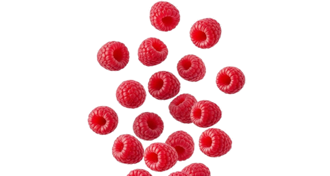 Scattered Red Raspberries Against Abstract Red and Black Geometric Background raspberry fruit