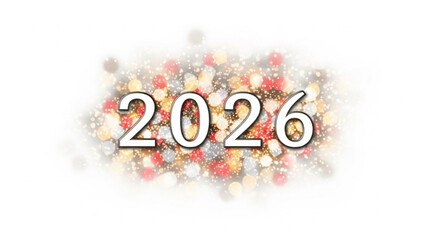 Bright festive bokeh lights illuminate the year 2026 in white numbers against a clean white background perfect for new year celebrations and future themed designs