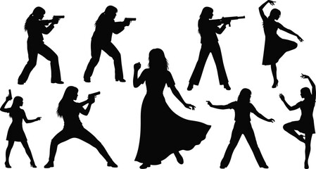 Action Movie Heroine Silhouettes, Female Figures Holding Handguns and Rifles Mixed with Dramatic Dance Poses for Thriller, Spy, and Entertainment Vector Graphic Design Isolated.