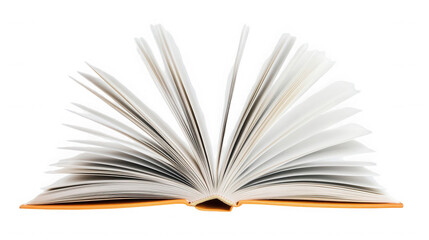 Fototapeta premium Open book with white pages and orange cover against a stark on transparent background