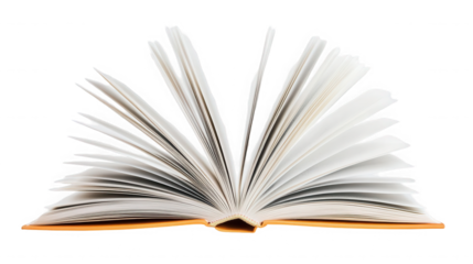 Open book with white pages and orange cover against a stark on transparent background