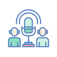 Podcast recording with microphone and two people wearing headsets on black background