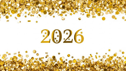 Golden confetti and stars frame the year 2026 in elegant gold numbers on a clean white background perfect for new year celebrations and event announcements