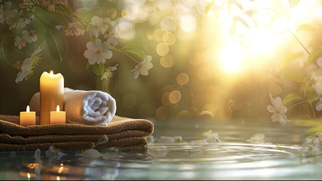 A serene spa setting with lit candles towels and white flowers floating on calm water